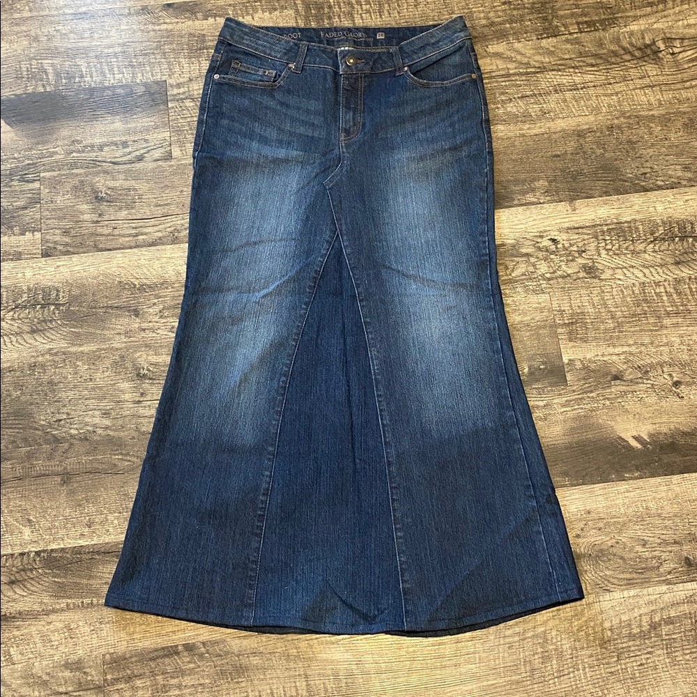 Upcycled Faded Glory Dark Blue Jean Maxi Skirt | Size 14